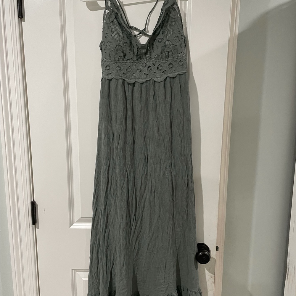 Green lace maxi dress | sage crochet dress | crisscross strap maxi dress